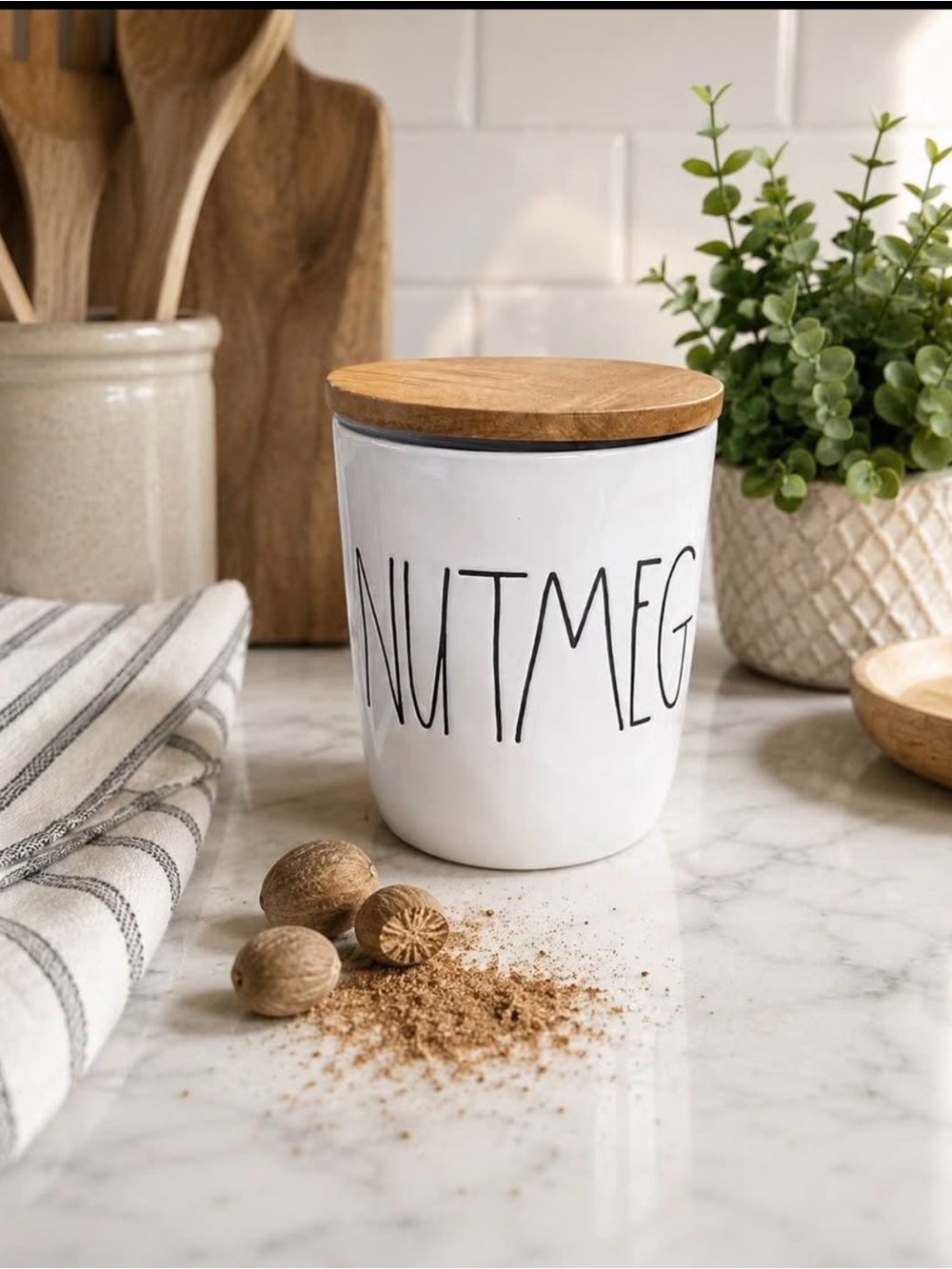 Rae Dunn White Ceramic Nutmeg Storage Jar with Wood Lid